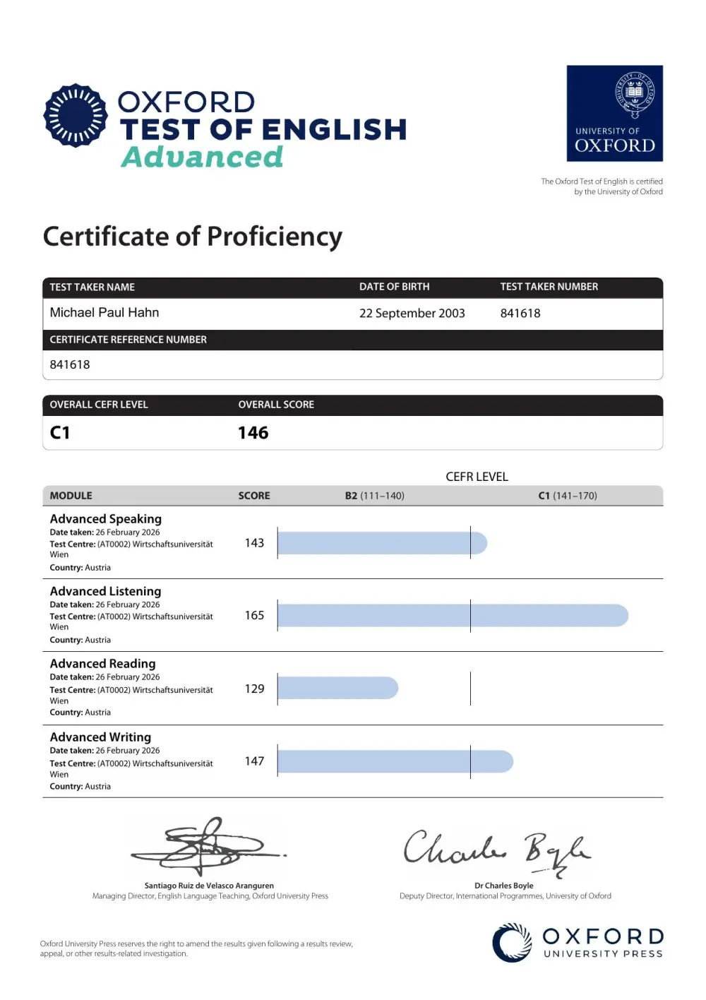 Chứng chỉ mẫu Oxford Test of English Advanced