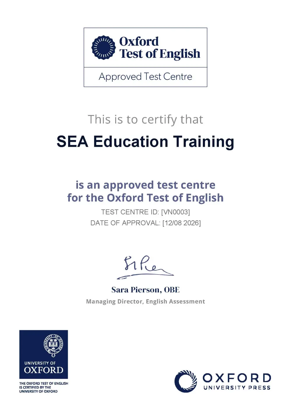 Chứng nhận Approved Test Centre - SEA Education Training