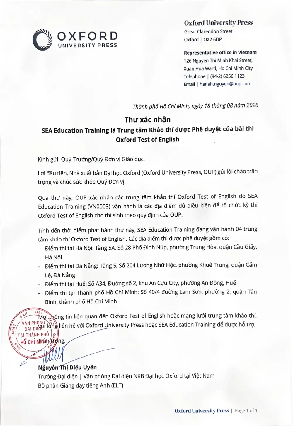 Thư xác nhận Oxford University Press - SEA Education Training